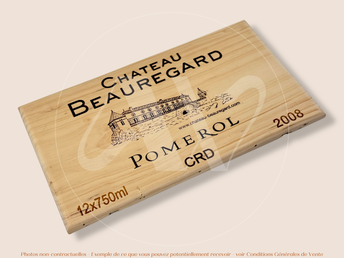 Estampe / Façade d'une caisse de vin en bois du Chateau Beauregard - Pomerol - 2008 - Bordeaux | Format 30x17 cm