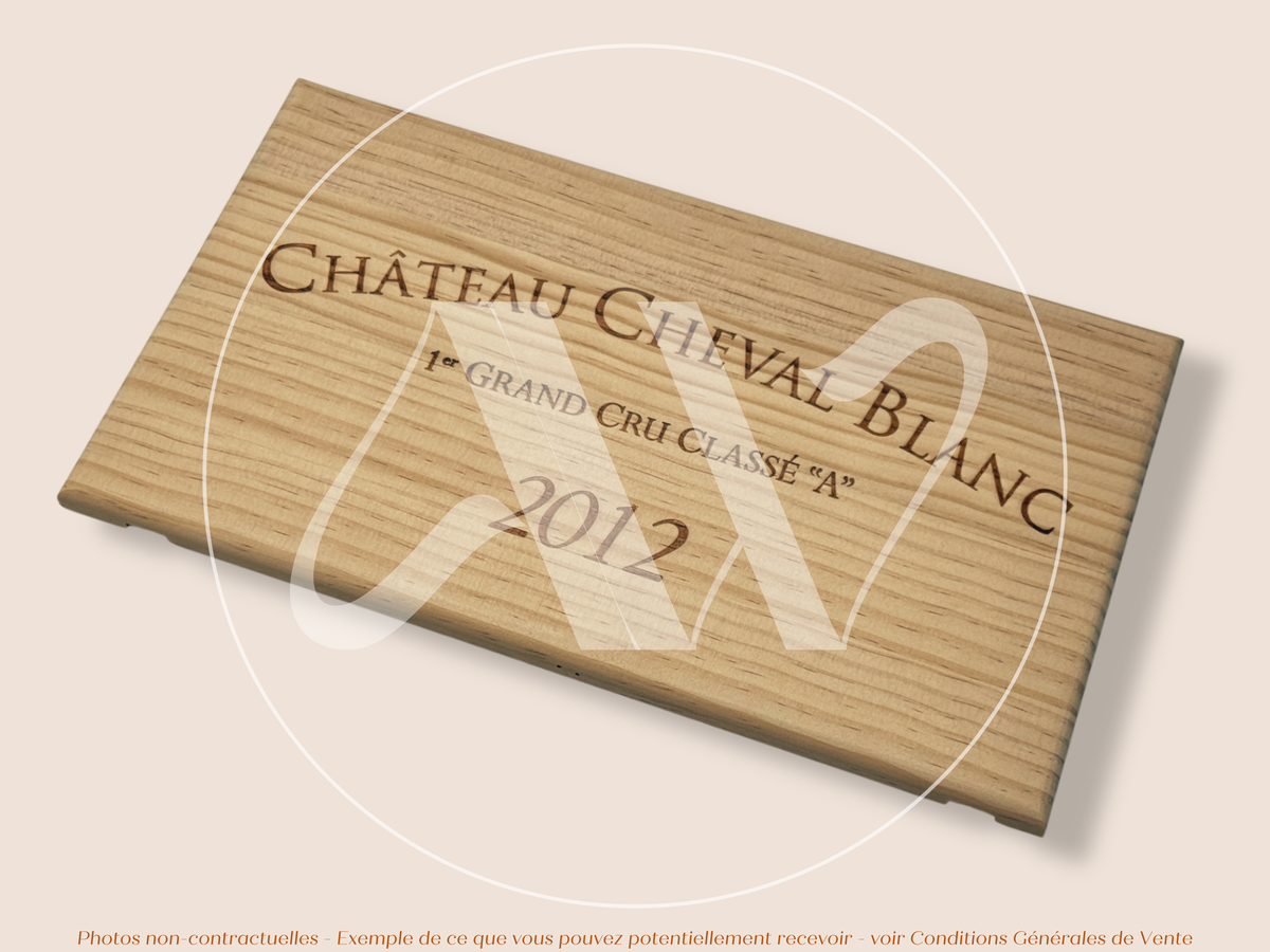 Estampe de caisse de vin Château Cheval Blanc 2012 - Bordeaux – Format 30x17 cm – Millésime 2012 - Façade Estampe bois