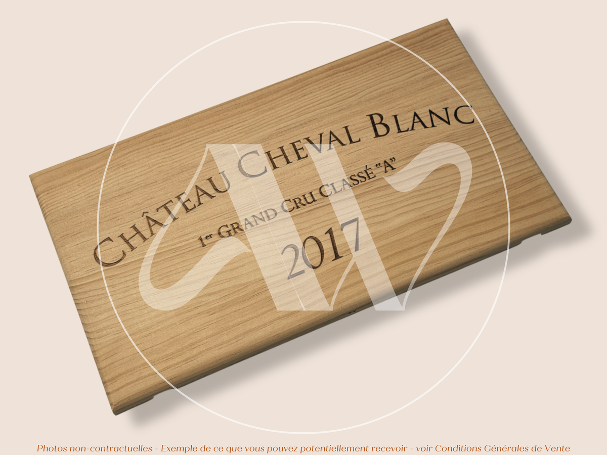 Estampe de caisse de vin Château Cheval Blanc 2017 - Bordeaux – Format 30x17 cm – Millésime 2017 - Façade Estampe bois