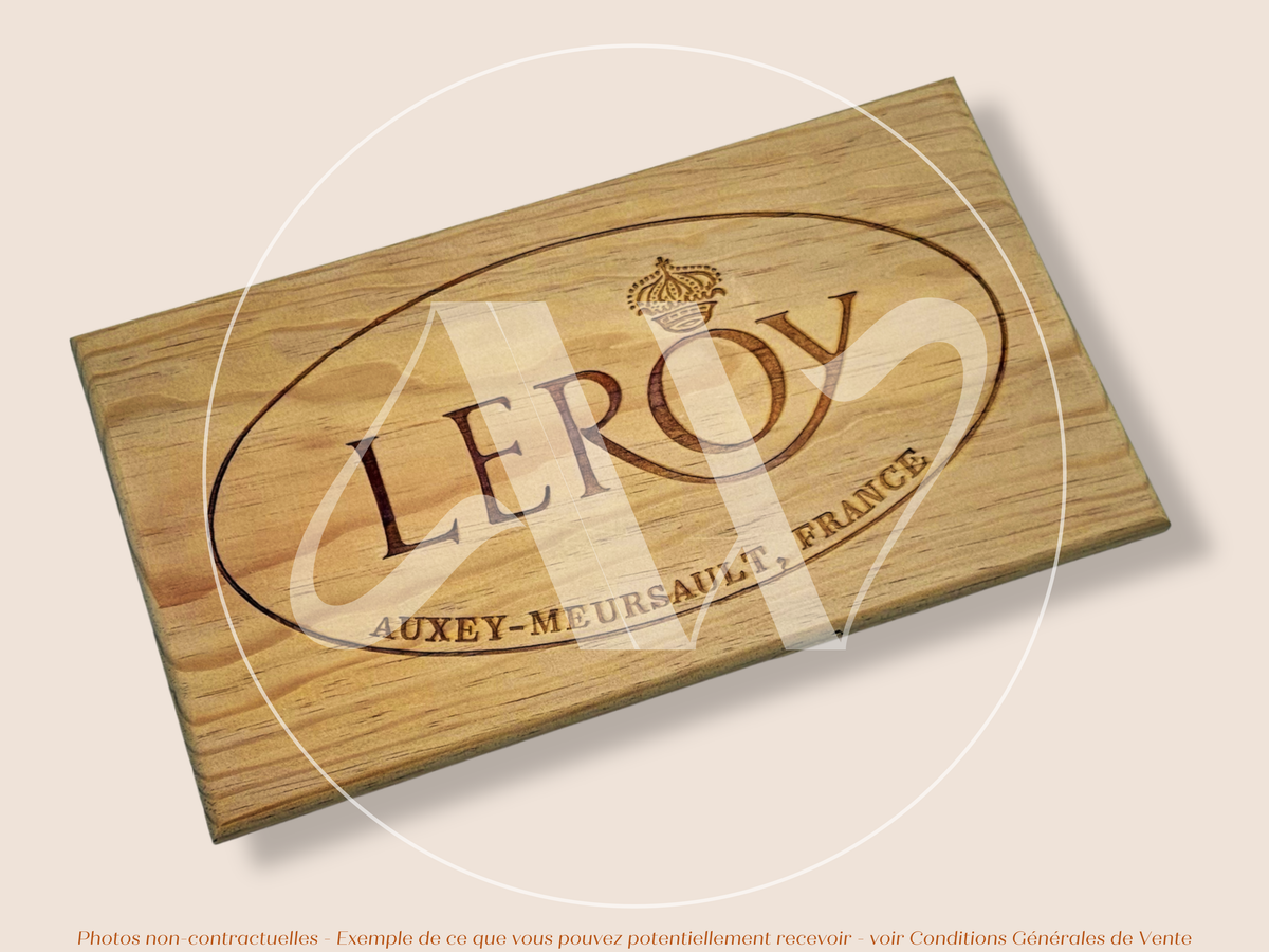 Domaine Leroy — Bourgogne — France — Auxey-Meursault — Sans millésime — 30 × 17 cm — Estampe caisse de vin en bois