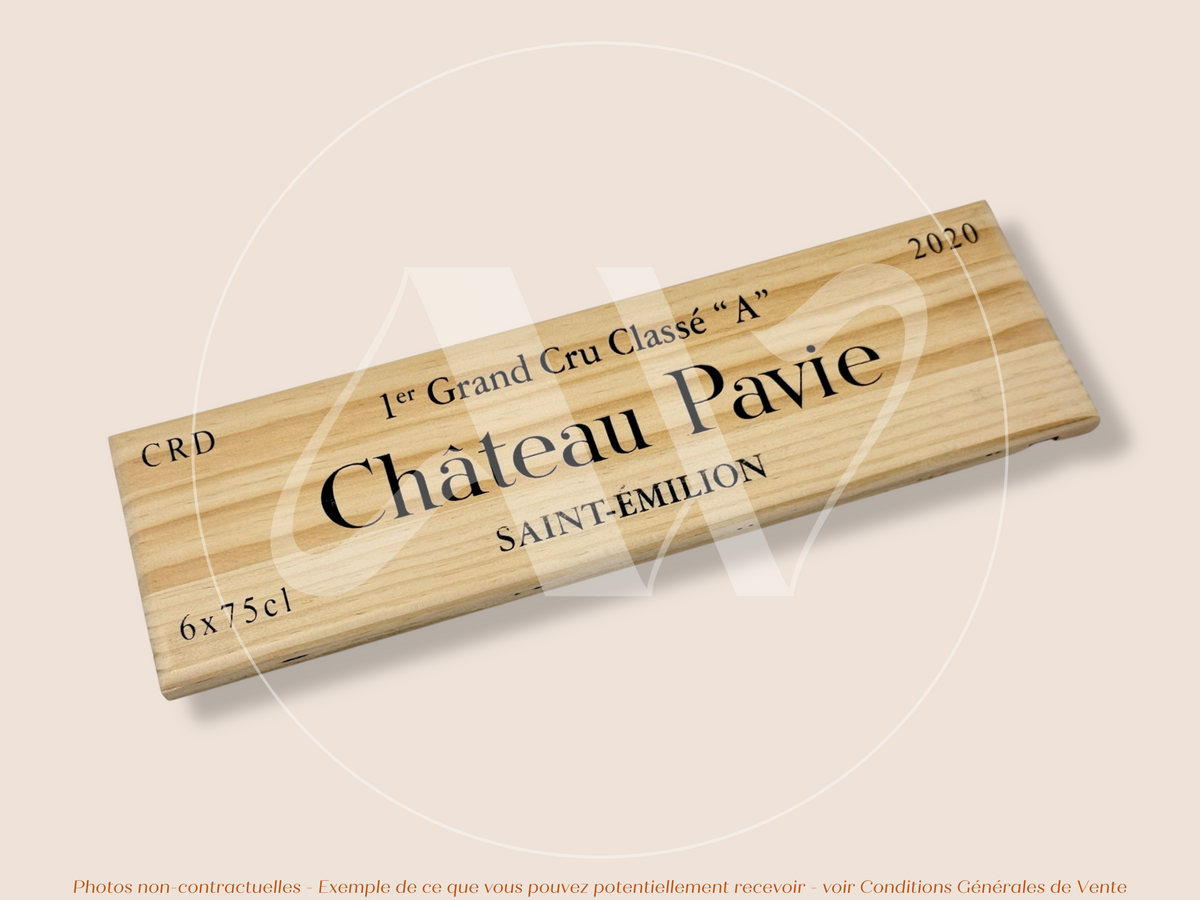 Estampe / Façade d'une caisse de vin en bois du Chateau Pavie - 2020 - Saint-Emilion - Bordeaux | Format 6 bouteilles = 30x9 cm