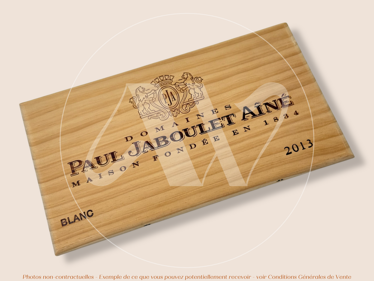 Estampe / Façade d'une caisse de vin en bois du Domaine Paul Jaboulet Ainé - 2013 - Vallée du Rhone | Format 6 bouteilles = 30x17