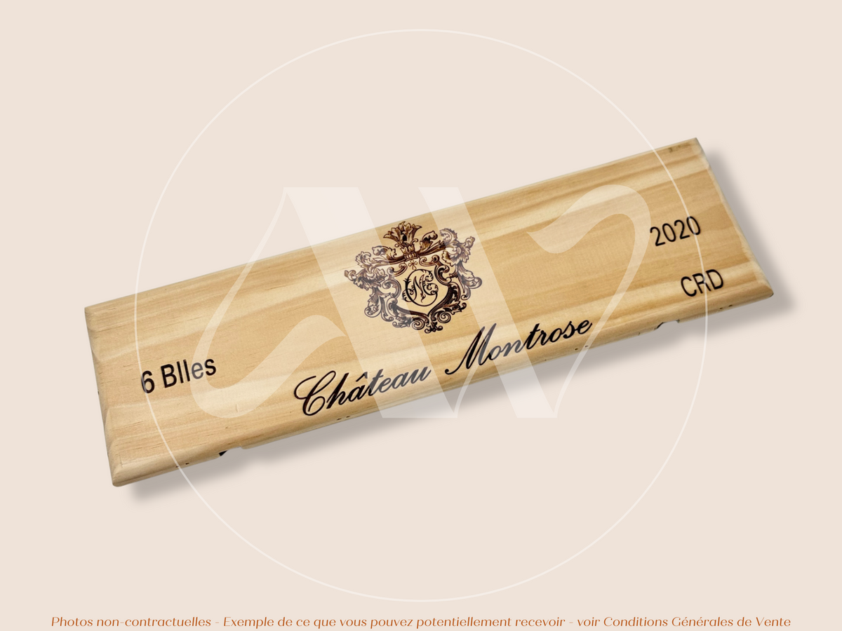 Estampe / Façade d'une caisse de vin en bois du Chateau Montrose - 2020 - Bordeaux | Format 6 bouteilles = 30x9 cm