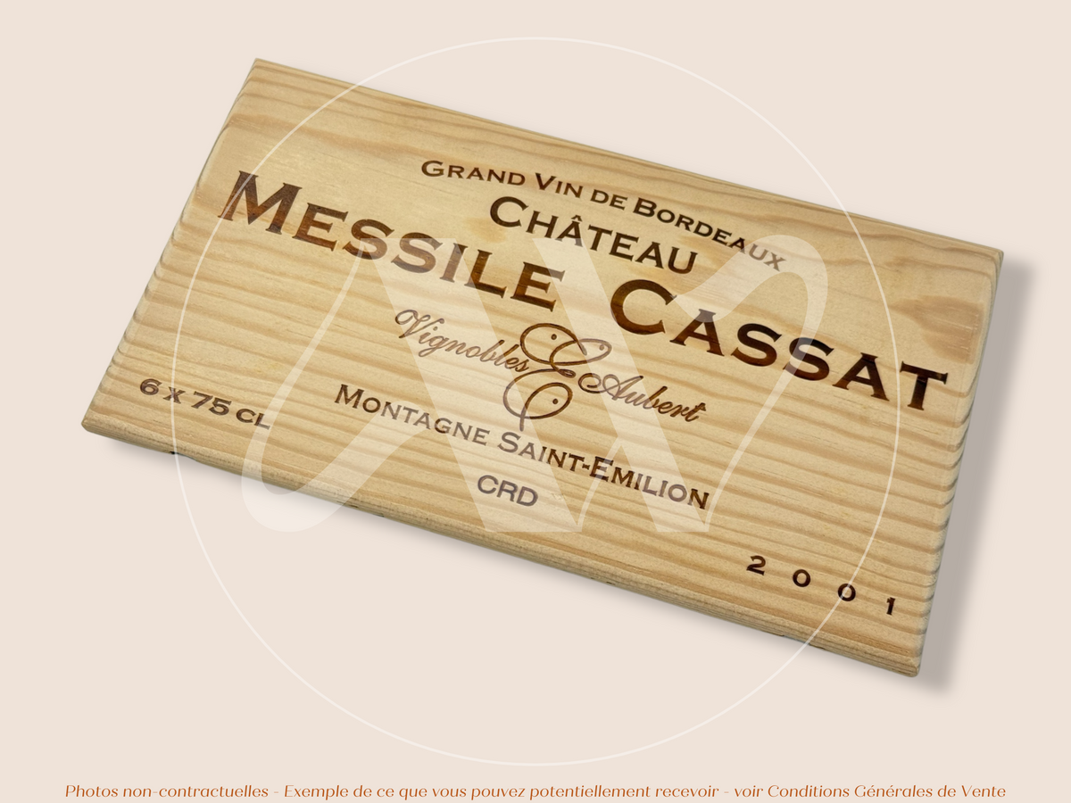 Façade Estampe bois – Château Messile Cassat – Montagne Saint-Émilion (Bordeaux) – Format 30x17 cm – Millésime 2001 – (plus de 2 décennies)