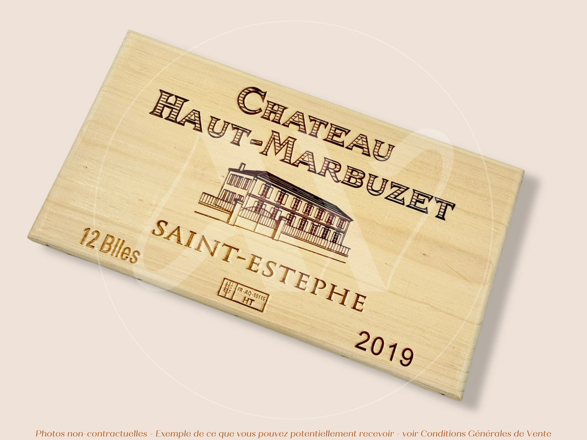 Estampe / Façade d'une caisse de vin en bois du Chateau Haut Marbuzet - Saint Estephe - 2019 - Bordeaux | Format 30x17 cm