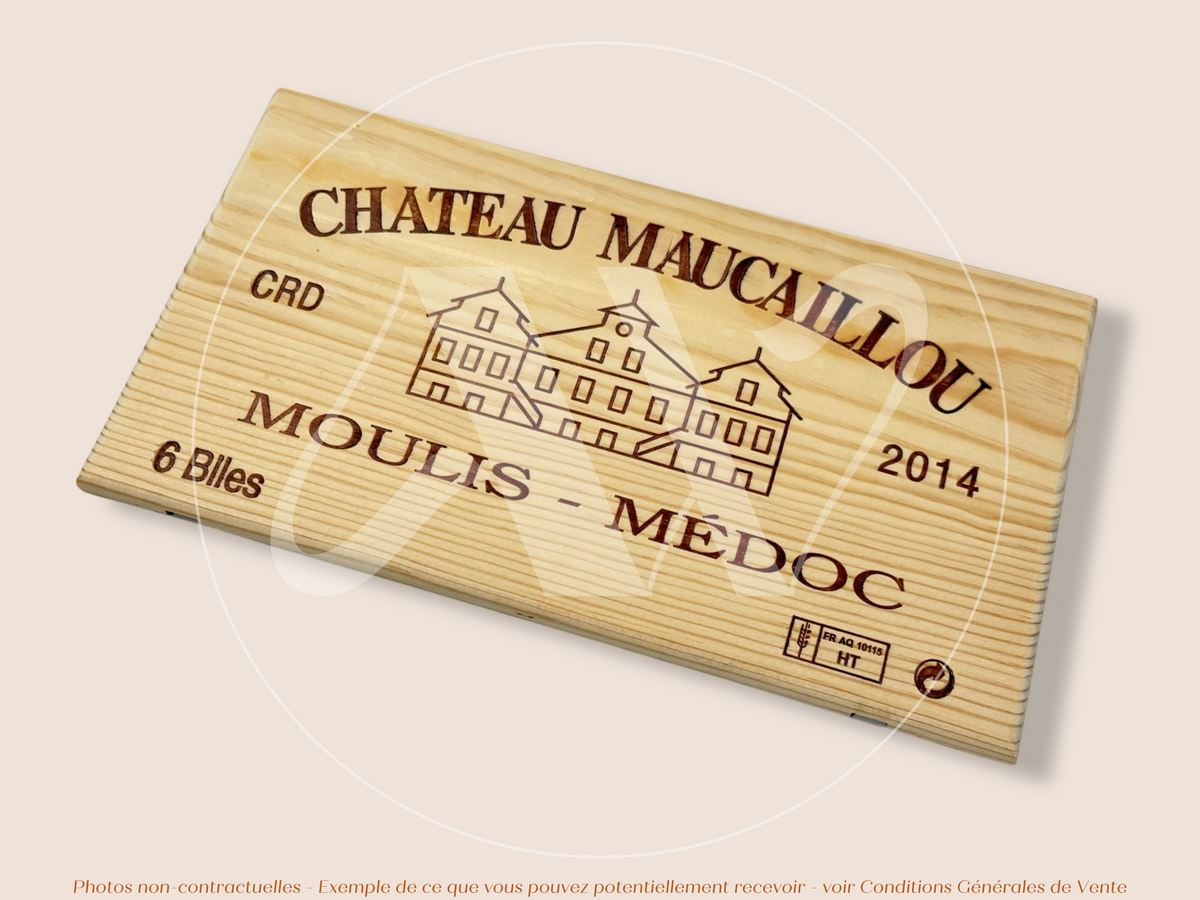 Façade Estampe bois – Château Maucaillou – Moulis-en-Médoc (Bordeaux) – Format 30x17 cm – Millésime 2014 – (Belle Pièce)