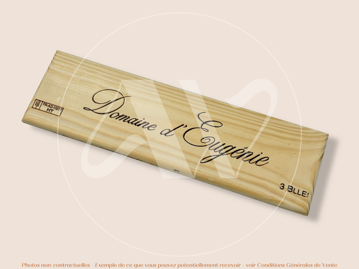 Estampe / Façade d'une caisse de vin en bois du Domaine d'Eugénie - Bourgogne | Format 3 bouteilles = 30x9 cm