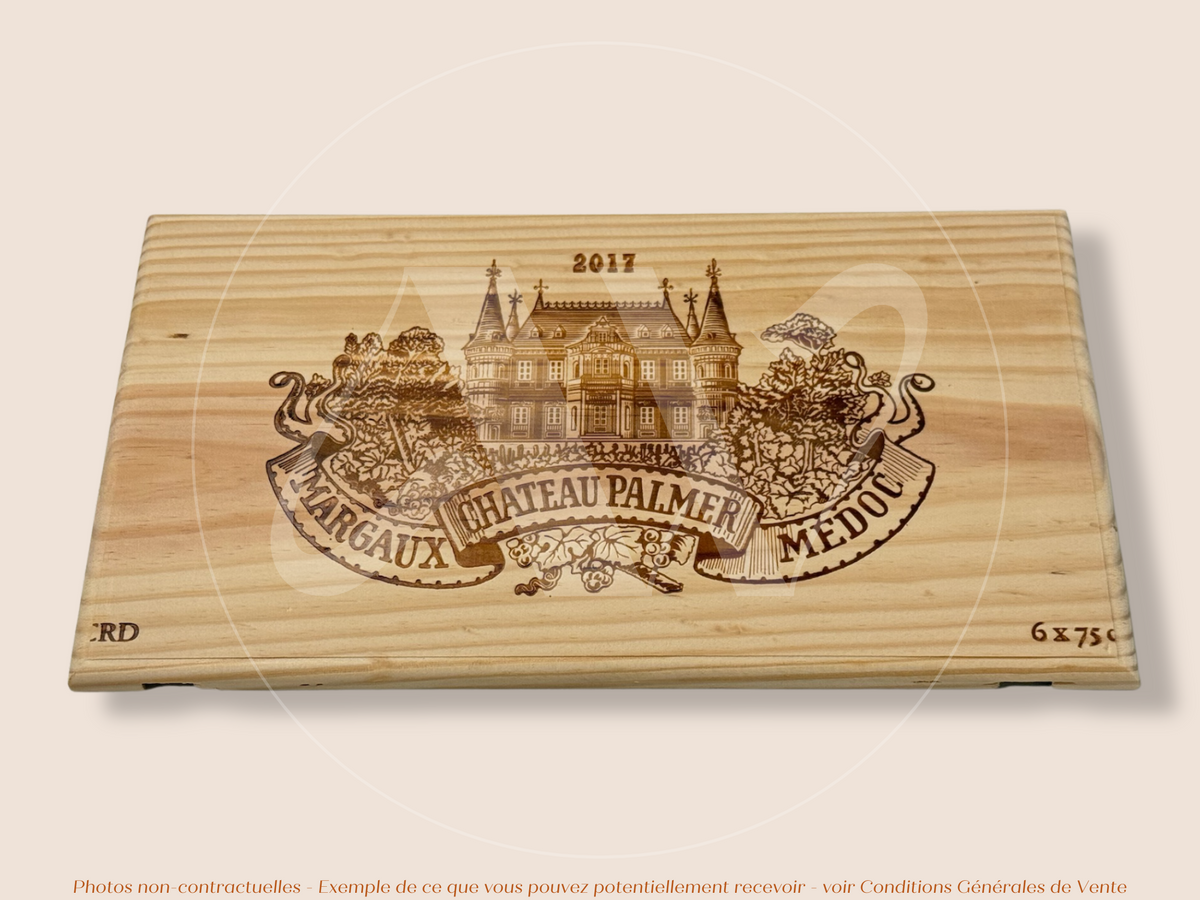 Estampe / Façade d'une caisse de vin en bois du Chateau Palmer - Millésime 2017 - Margaux - Bordeaux | Format 6 ou 12 bouteilles = 30x17 cm
